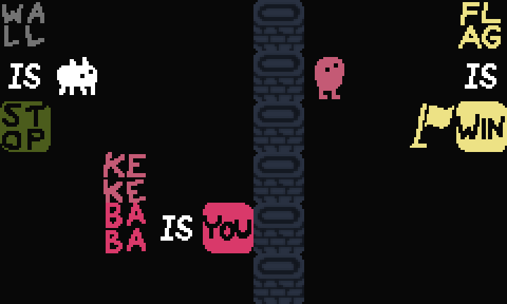 A generated Baba Is You level drawn with the game's own graphics