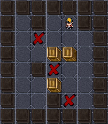 A generated Sokoban level drawn with the game's own graphics